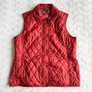 LL Bean Vest Womens Large Red Orange Quilted Riding Plaid Insulated Corduroy